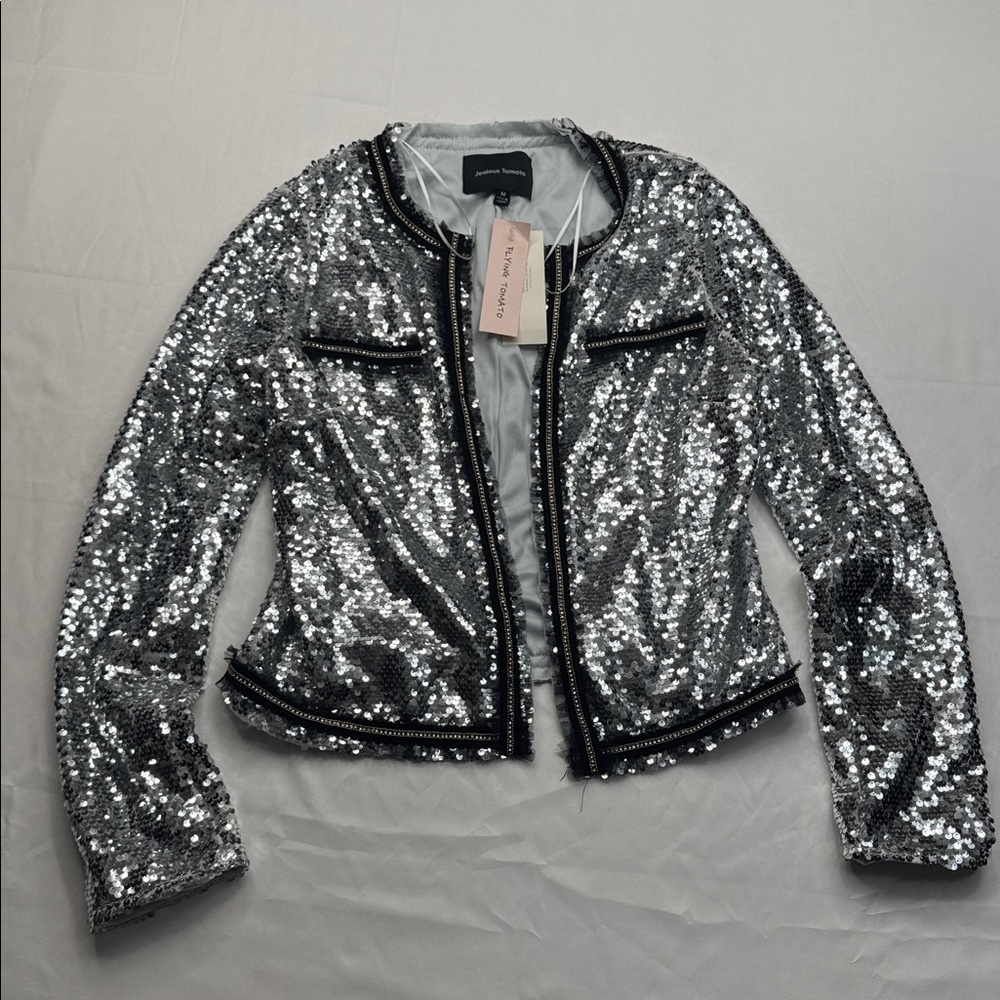 EUC Anthropologie Jealous Tomato Silver Sequin Jacket,M, open front